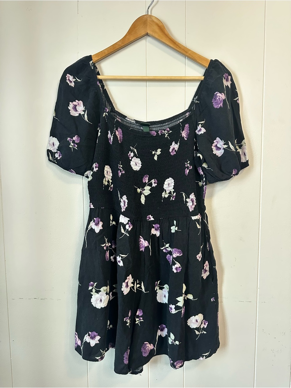 Black Floral Puff Sleeve Smocked Romper with Purple & White Blooms